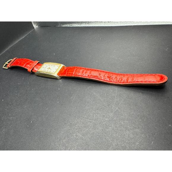 Clarins Paris Rectangular Gold Tone w/ White Dial Watch Red Leather Band Working - Picture 5 of 13